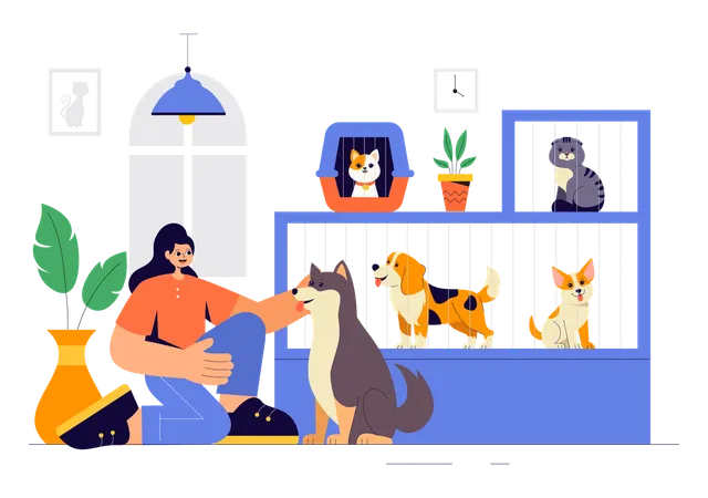 Woman takes dog to Pet Adoption Center  Illustration