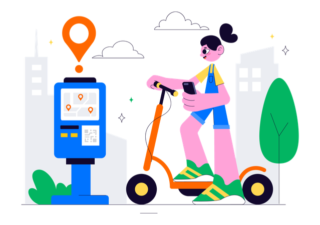 Woman takes Electric Scooter Rental Service  Illustration