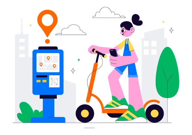 Woman takes Electric Scooter Rental Service  Illustration