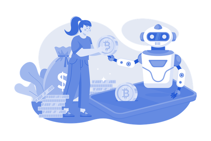 女性が暗号通貨取引ボットの助けを借りる  イラスト