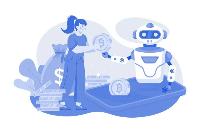 女性が暗号通貨取引ボットの助けを借りる  イラスト