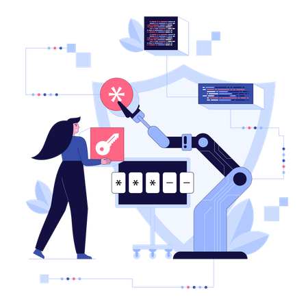 Woman takes help of robot for data safety  Illustration