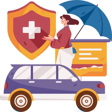 Woman takes medical insurance while driving car  Illustration