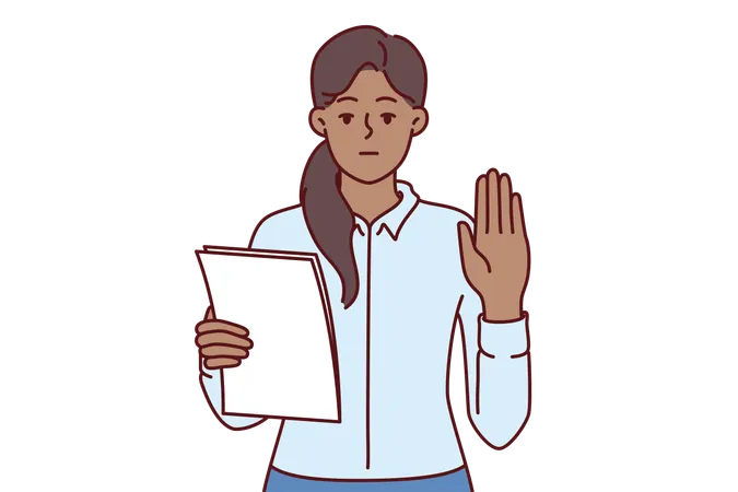Woman Makes Solemn Oath Holding Documents With Text Of Inauguration And Showing Palm As Sign Of Sincerity Ethnic Girl Takes Oath Before Taking Office As Senator Or Representative Of Parliament Illustration