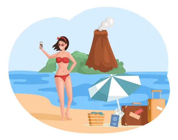 Woman Takes Selfie Stands In Swimsuit On Beach In Summer Vacation Traveler Photographing Beautiful Seascape On Sandy Coast Tourist Site Of Wonderful Place Of Visit Nautical Tourism Relax On Beach Illustration