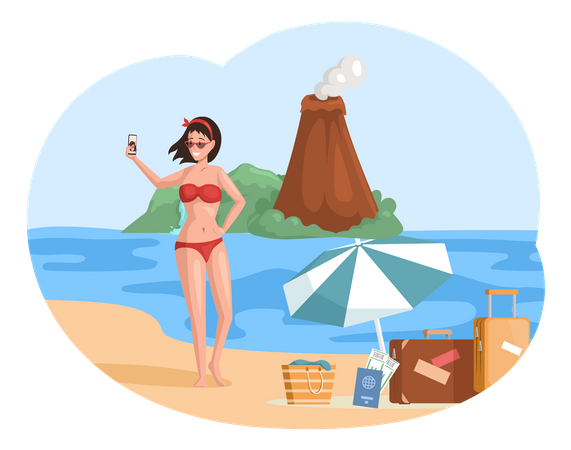 Woman takes selfie in swimsuit on beach  Illustration