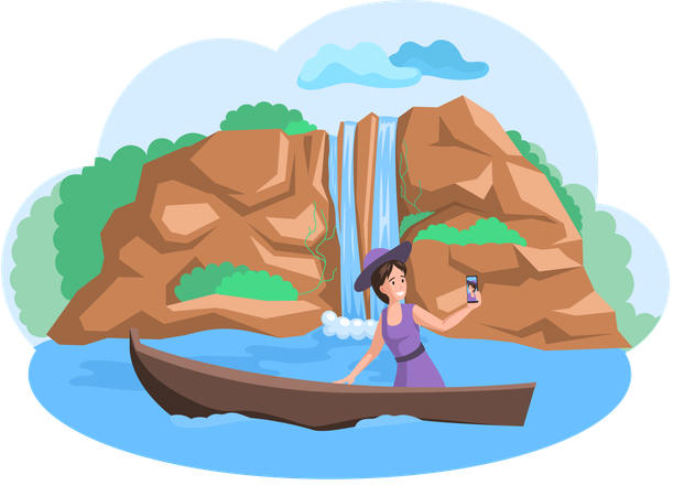 Woman takes selfie sits in boat opposite waterfall in mountains  Illustration