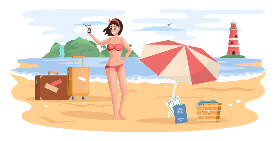 Woman takes selfie stands in swimsuit on beach in summer vacation  Illustration