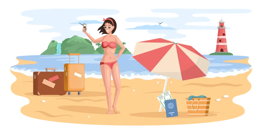 Woman takes selfie stands in swimsuit on beach in summer vacation  Illustration