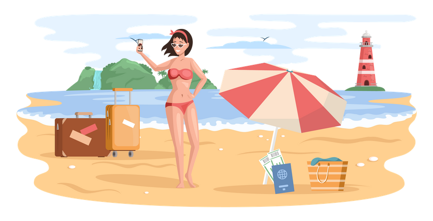 Woman takes selfie stands in swimsuit on beach in summer vacation  Illustration