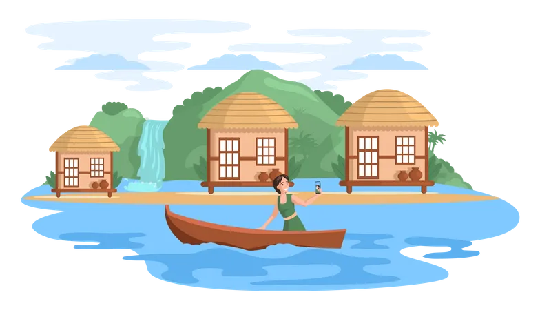 Travel And Journey Female Character In Vacation On Natural Landscape Takes Selfie In Boat On River Near Asian Village Old House Thatched Roof Rural Hut Traditional House In Korean People Settlement Illustration