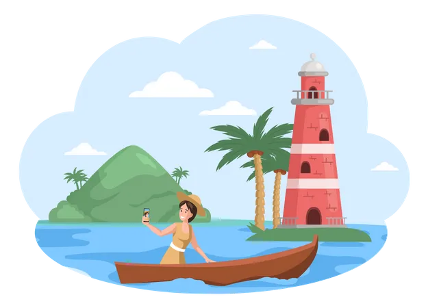 Woman takes selfie while sitting in boat opposite lighthouse  Illustration