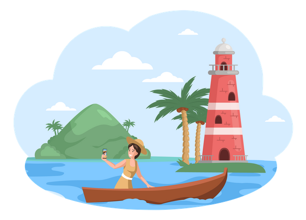 Woman takes selfie while sitting in boat opposite lighthouse  Illustration