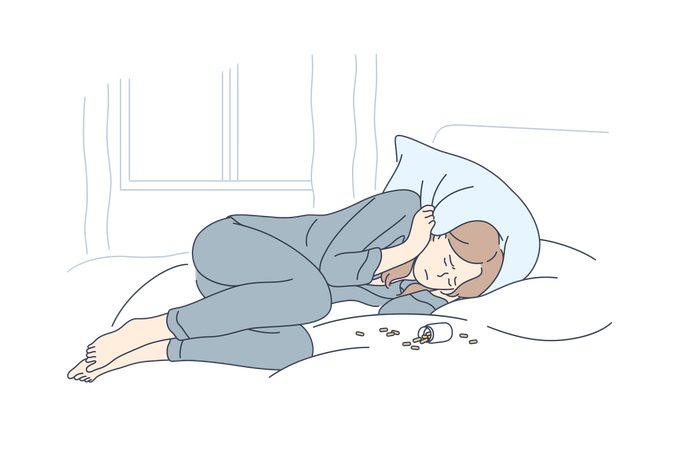 Woman takes sleeping pills  Illustration