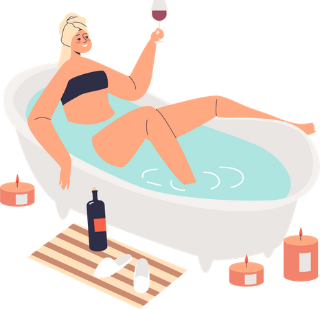 Woman taking bath and drinking wine  Illustration