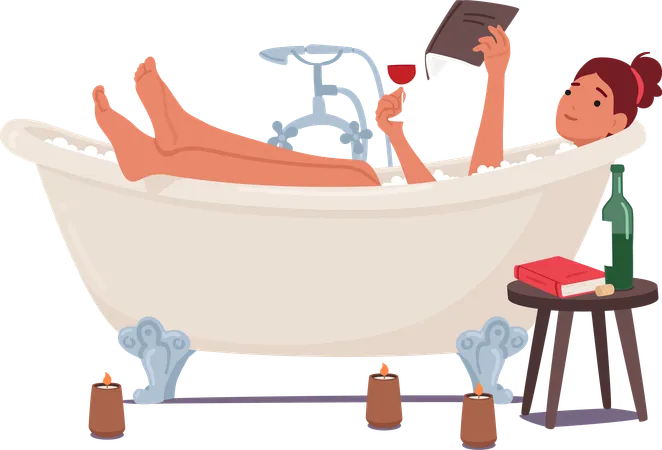 Woman Luxuriates In A Warm Bath Surrounded By Fragrant Bubbles Enjoying A Captivating Book In One Hand And Sipping Red Wine Creating A Serene Haven Of Relaxation Cartoon People Vector Illustration Illustration