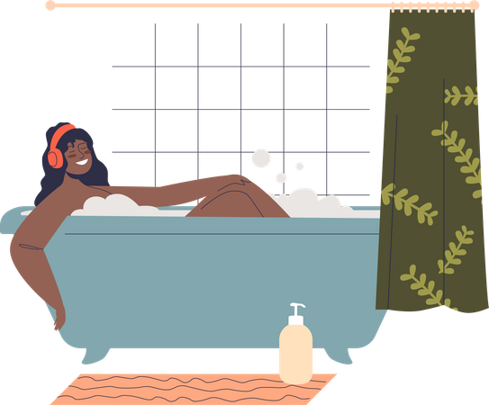 Woman taking bath listening to music  Illustration