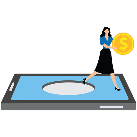 Woman taking big coin out of his mobile phone  Illustration