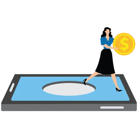 Woman taking big coin out of his mobile phone  Illustration