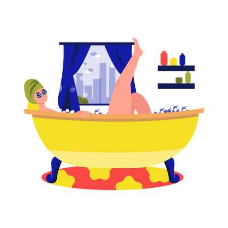 Woman taking bubble bath in bathroom  Illustration