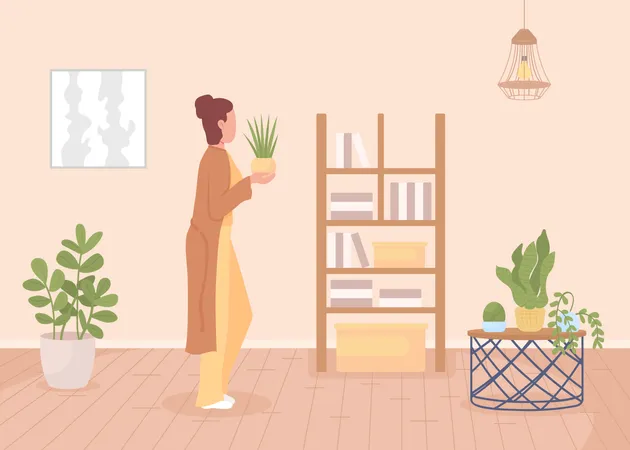 Woman taking care of houseplant Illustration