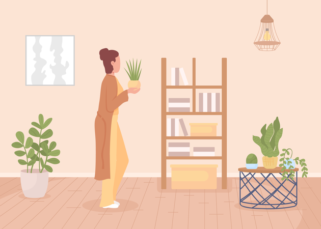 Woman taking care of houseplant  Illustration