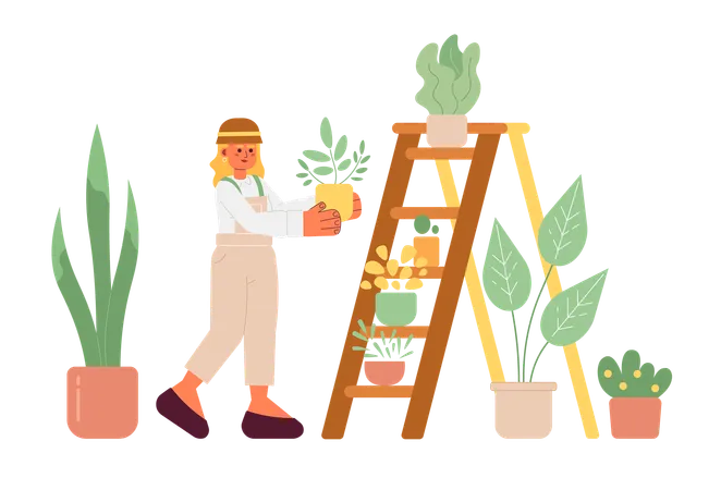 Blonde Woman Takes Care Of Plants 2 D Vector Isolated Spot Illustration Hobby Flat Girl Put Flower Pot On Ladder On White Background Colorful Editable Scene Illustration