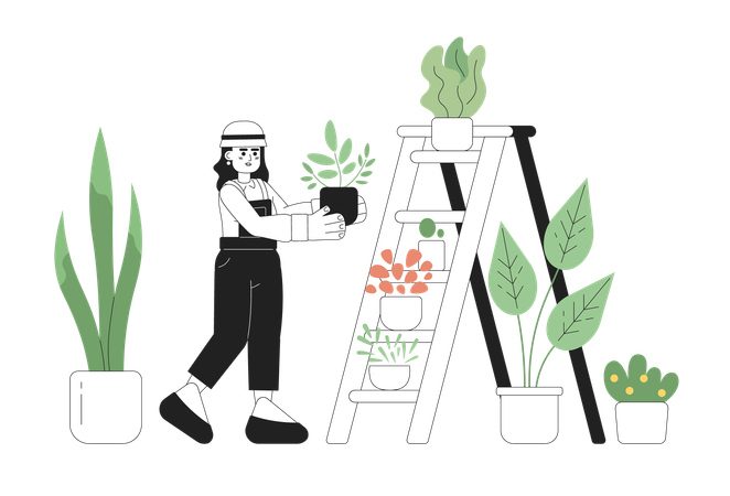 Woman taking care of plants  イラスト