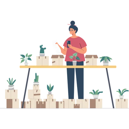 Woman taking care of plants Illustration