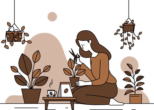 Woman taking care of plants and enjoying Coffee  イラスト