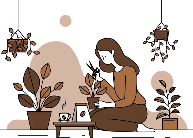 Woman taking care of plants and enjoying Coffee  イラスト