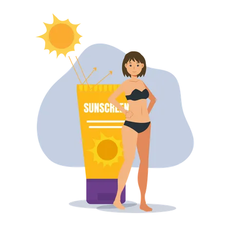 Woman taking care of skin by applying sunscreen  Illustration