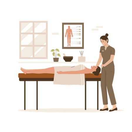 Woman taking face acupuncture treatment  Illustration