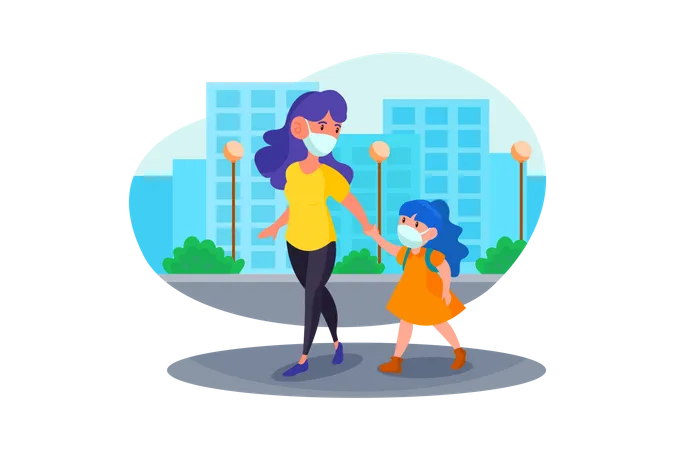Woman taking her child to school  Illustration