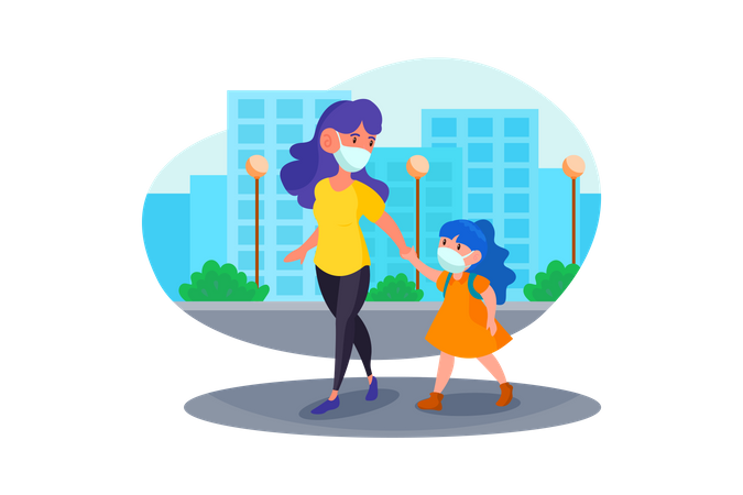 Woman taking her child to school  Illustration