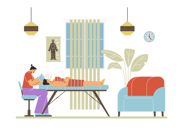 Woman taking needle Acupuncture treatment  Illustration