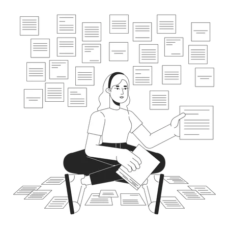 Woman Taking Notes Bw Concept Vector Spot Illustration Remember Everything Worker 2 D Cartoon Flat Line Monochromatic Character For Web UI Design Productivity Editable Isolated Outline Hero Image Illustration