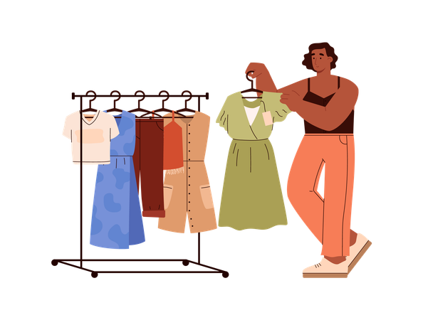 Woman taking off dress from hanger rack  Illustration