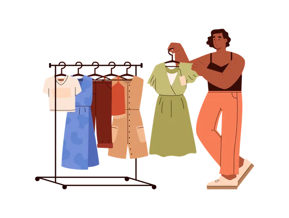 Woman taking off dress from hanger rack  Illustration