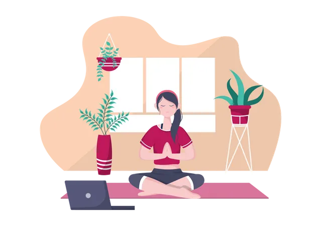 Woman taking Online Yoga and Meditation Lessons Illustration