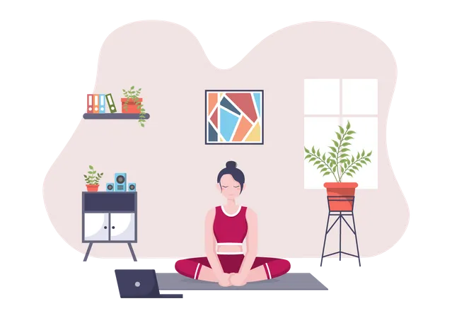 Woman taking Online Yoga and Meditation Lessons Illustration