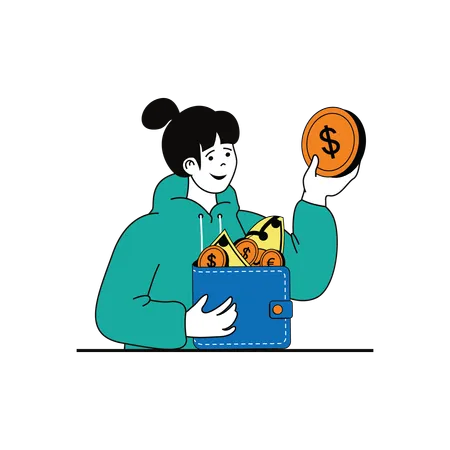 Woman taking out money from wallet to do shopping  Illustration