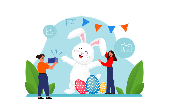 Woman taking photo with bunny Illustration