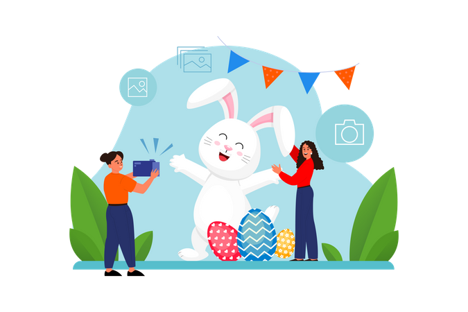 Woman taking photo with bunny  Illustration