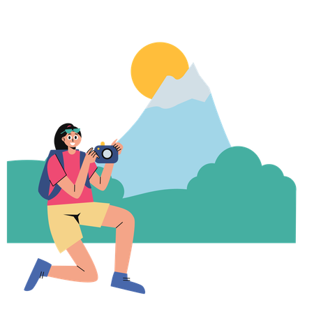 Woman Taking Photos of hills  Illustration