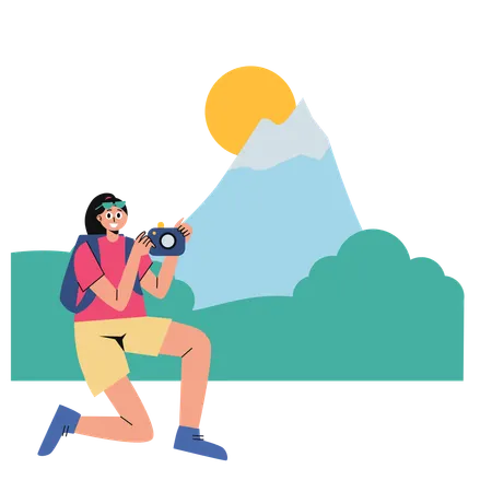Woman Taking Photos of hills  Illustration