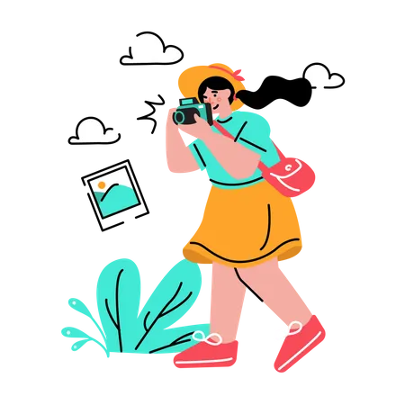 Woman taking pictures while traveling  Illustration
