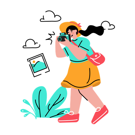 Woman taking pictures while traveling  Illustration