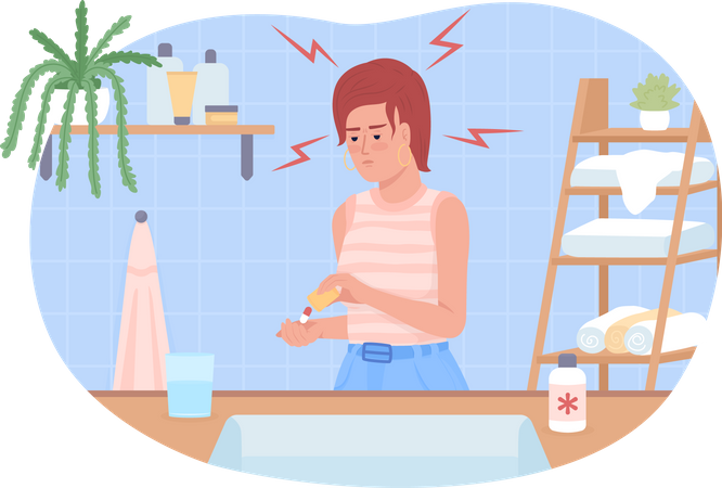 Woman taking pills against headache  Illustration