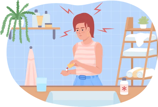 Woman taking pills against headache  Illustration